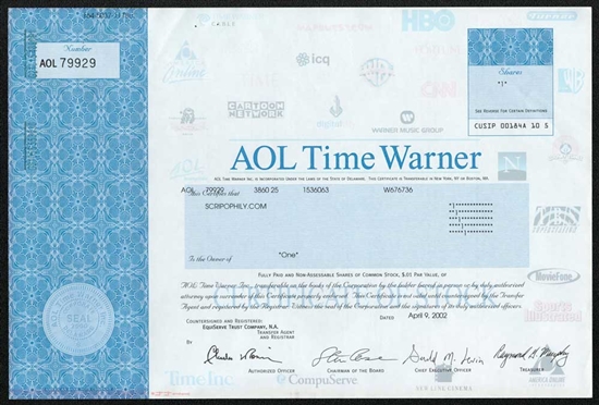 AOL Time Warner Stock Certificate
