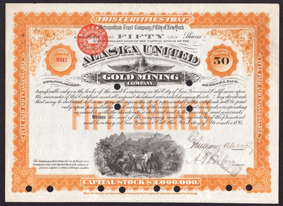 Alaska United Gold Mining Co Stock Certificate - 1895