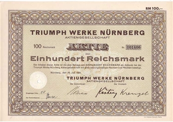 Triump Motorcycle Stock Certificate - 1933