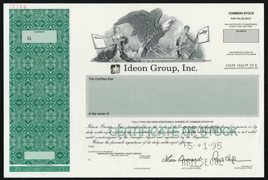 Ideon Group Inc. Specimen Stock Certificate