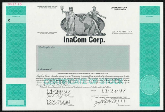 InaCom Corp Specimen Stock Certificate