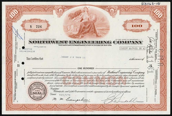 Northwest Engineering Company  Stock Certificate- 1978