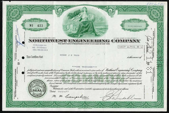 Northwest Engineering Company  Stock Certificate- 1977