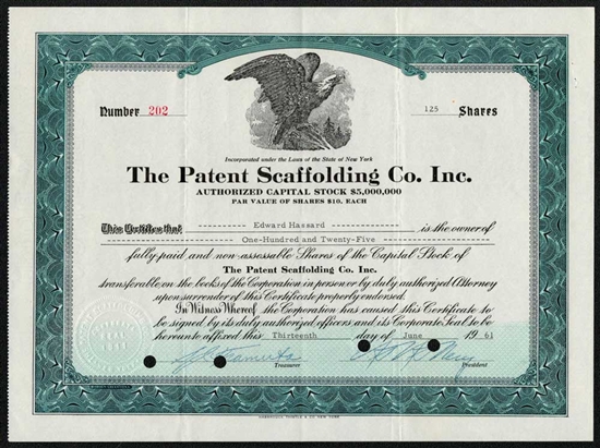 The Patent Scaffolding Co. Inc. Stock Certificate