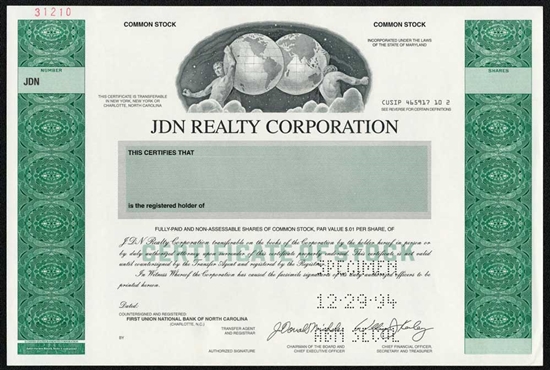 JDN Realty Corp Specimen Stock Certificate