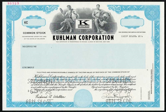 Kuhlman Corp Specimen Stock Certificate