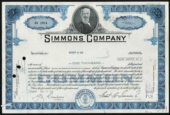 Simmons Company (Mattress) Stock Certificate