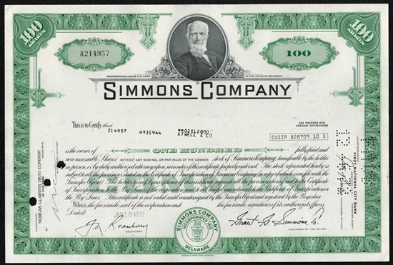 Simmons Company (Mattress) Stock Certificate