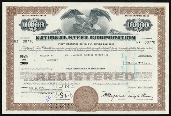 National Steel Corporation $10,000 Mortgage Bond