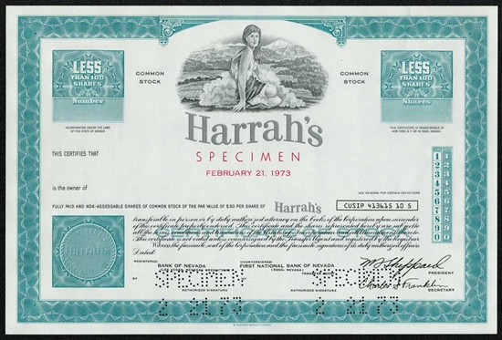 Harrah's Specimen Stock Certificate (casino) - RARE - 1973