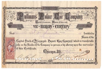 Pullman's Palace Car Company Signed by George Pullman - 1870