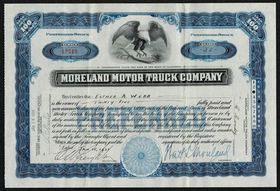 Moreland Motor Truck Company Signed by Watt Moreland