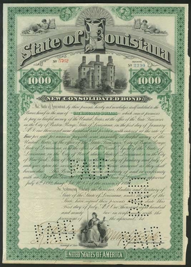 State of Louisiana Bond - 1892 - $1,000