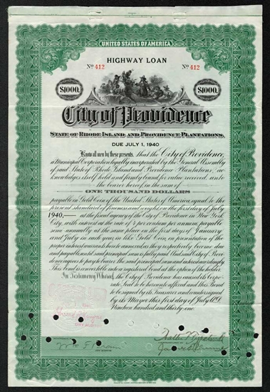 City of Providence Rhode Island Gold Bond 1931 - Signed by Mayor