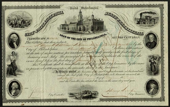 Loan of the City of Philadelphia Bond Certificate - 1854
