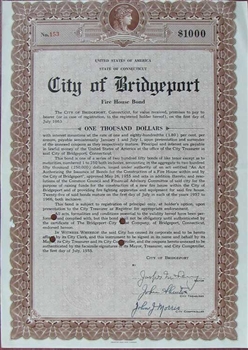 City of Bridgeport Fire House Bond - Signed by Jasper McLevy