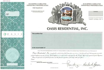 Oasis Residential Inc Specimen Stock Certificate