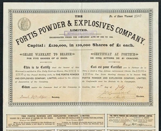 The Fortis Powder & Explosives Company Share Warrant Certificate - 1890