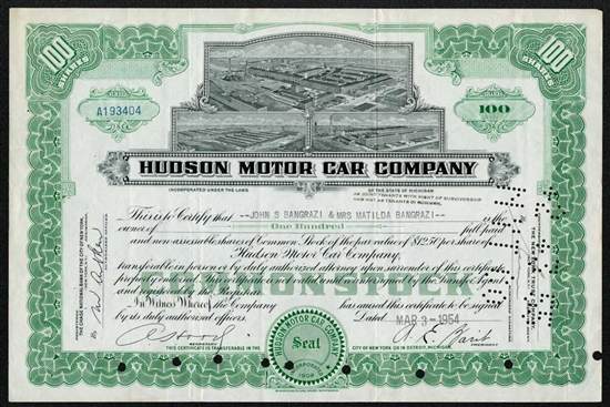 Hudson Motor Car Company Stock Certificate