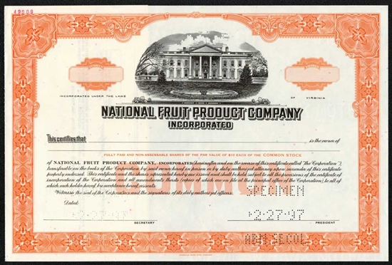 National Fruit Product Company Specimen Stock Certificate