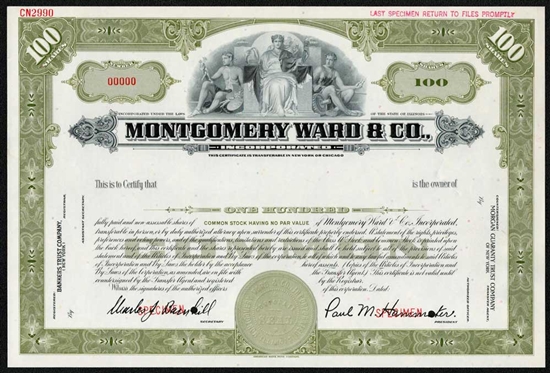 Montgomery Ward & Co Specimen Stock Certificate