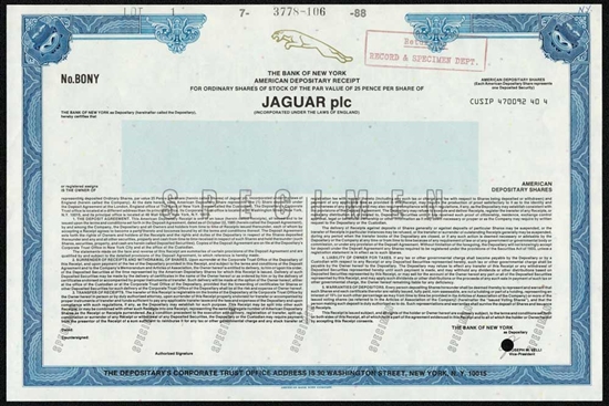 Jaguar Specimen Stock Certificate