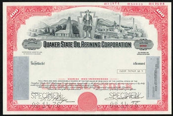 Quaker State Oil Refining Corp Specimen Stock Certificate - 1976