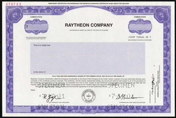 Raytheon Company Specimen Stock Certificate