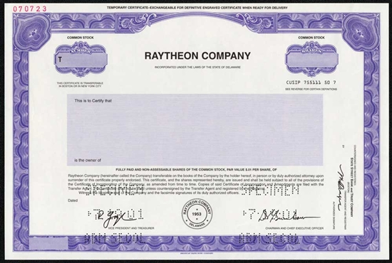 Raytheon Company Specimen Stock Certificate