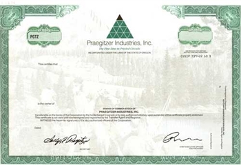 Praegitzer Industries Specimen Stock Certificate