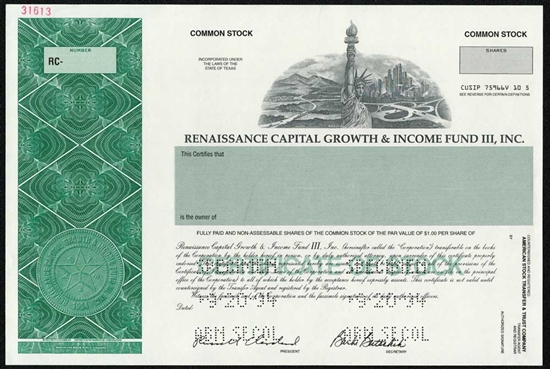 Renaissance Capital Growth & Income Fund III, Inc. Specimen Stock Certificate