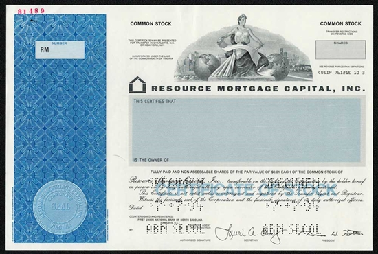Resource Mortgage Capital Specimen Stock Certificate
