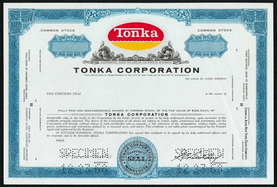 Tonka Corp Specimen Stock Certificate - 1968