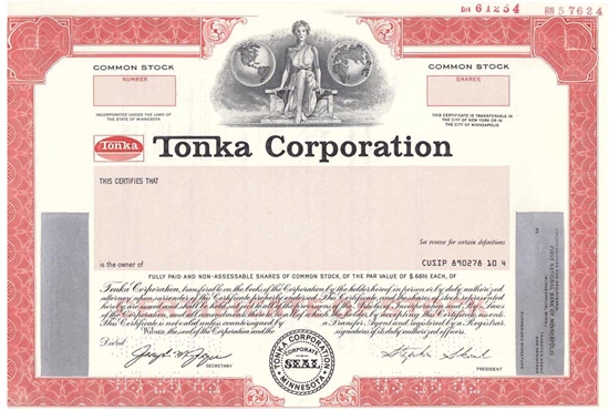 Tonka Corp Specimen Stock Certificate - 1982