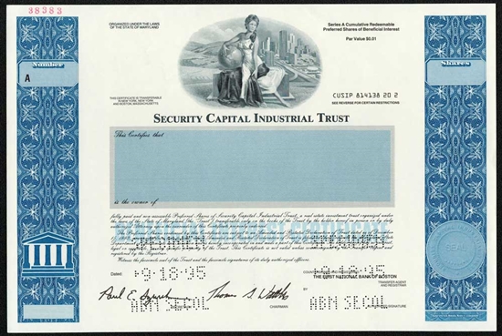 Security Capital Industrial Trust Specimen Stock Certificate