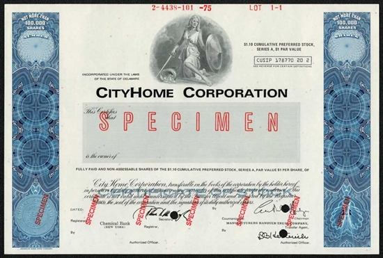 CityHome Corp Specimen Stock Certificate  - 1975