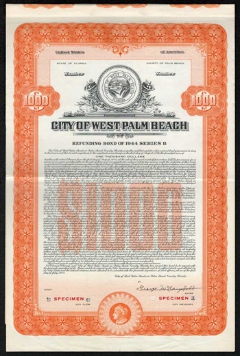 City of West Palm Beach Specimen Bearer Bond - 1944