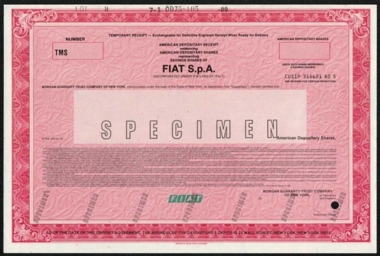 Fiat Specimen Stock Certificate - Italian Auto Manufacturer
