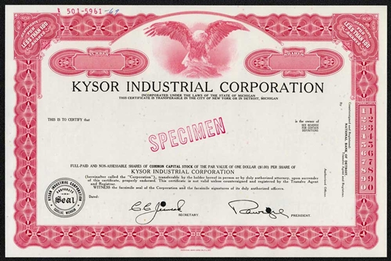 Kysor Industrial Specimen Stock Certificate - 1969
