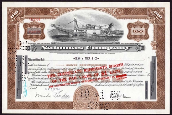 Natomas Company Stock Certificate - 1956 - Gold Mining