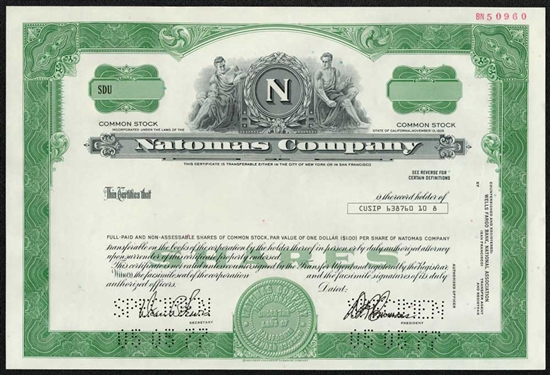 Natomas Company Specimen Stock Certificate - 1977