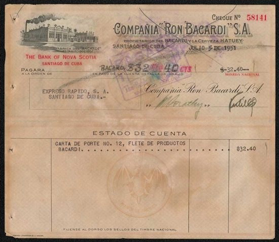 1951 Bacardi Rum Corporate Check - Cuba