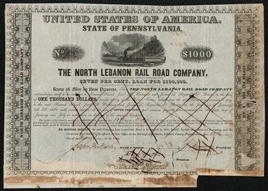 1854 The North Lebanon Rail Road Co Bond - Pennsylvania