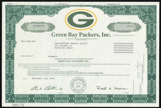 Green Bay Packers, Inc. Stock Certificate  - 1997