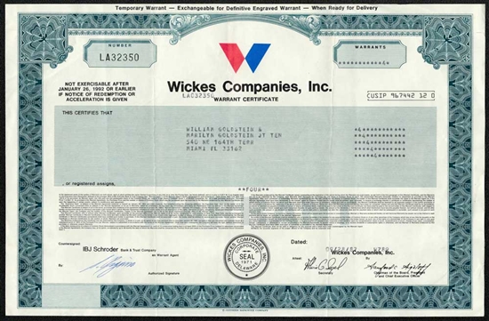 Wickes Companies Warrant Certificate  - 1987