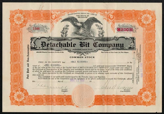 Detachable Bit Company Stock Certificate  - 1939