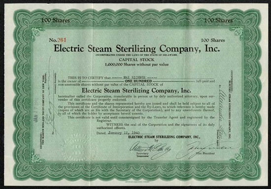 Electric Steam Sterilizing Company Stock Certificate  - 1940