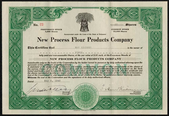 New Process Flour Products Co Stock Certificate  - 1940