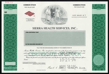 Sierra Health Services, Inc. Specimen Stock Certificate