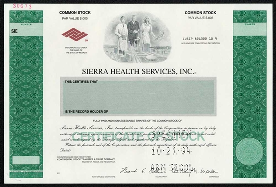 Sierra Health Services, Inc. Specimen Stock Certificate